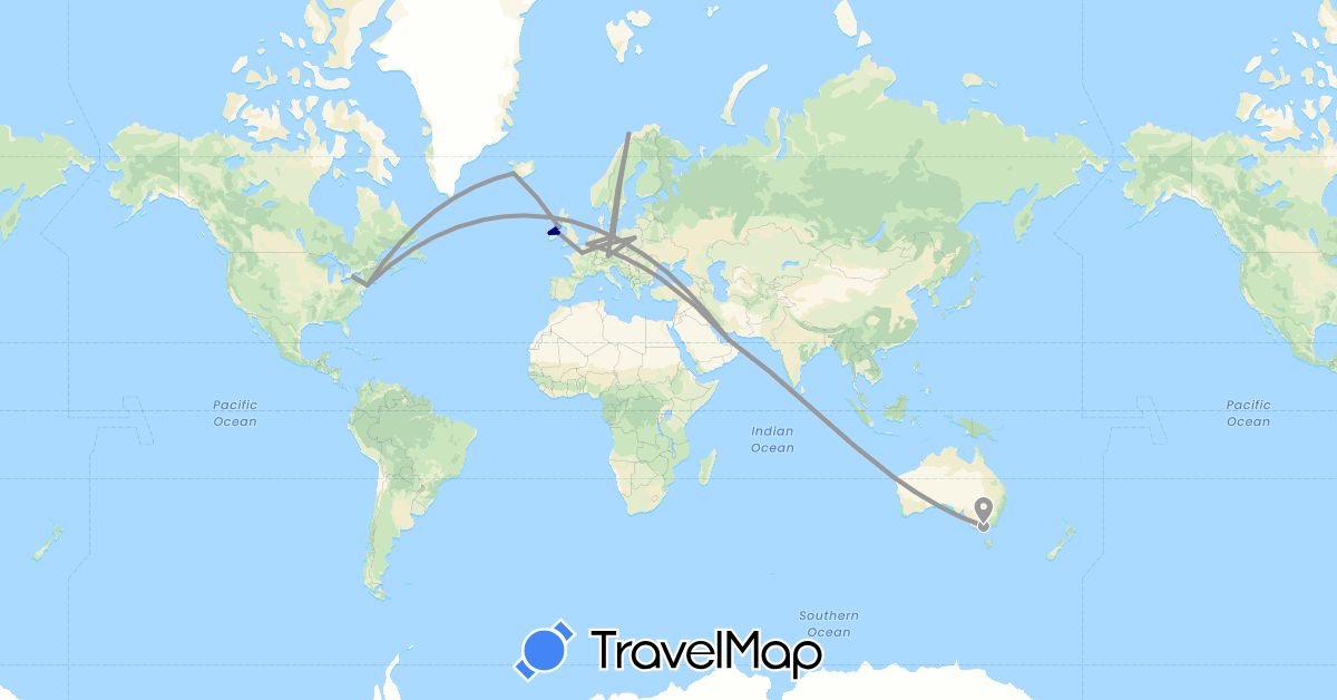 TravelMap itinerary: driving, plane in United Arab Emirates, Australia, Belgium, Germany, France, United Kingdom, Ireland, Iceland, Norway, Poland, United States (Asia, Europe, North America, Oceania)